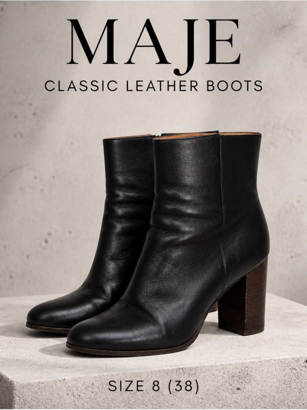 Maje Black round toe Leather Ankle Boots with Brown Block Heel size 8 (38)